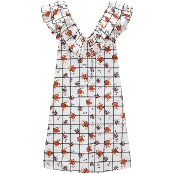 Zara CottageCore Mixed Print Floral Grid Ruffle Sleeve Midi Dress Size S… - Picture 2 of 8